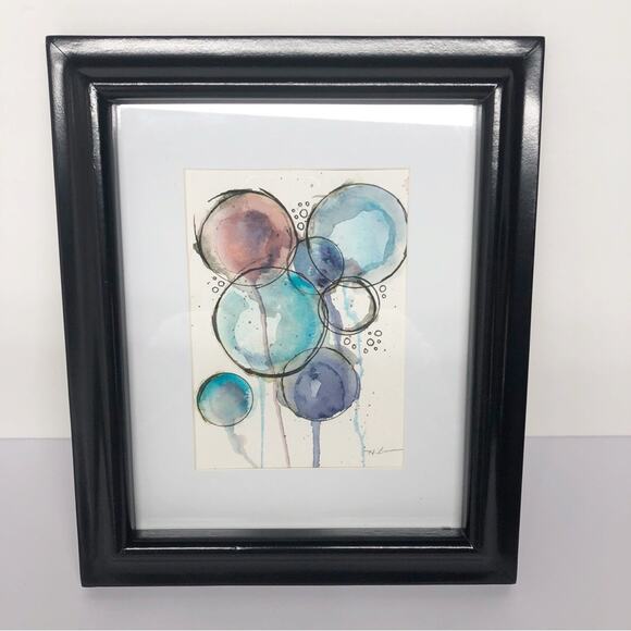 Original Artwork Framed Loose Watercolor Floral Bubble Art Painting by H. Barrow - Picture 1 of 5